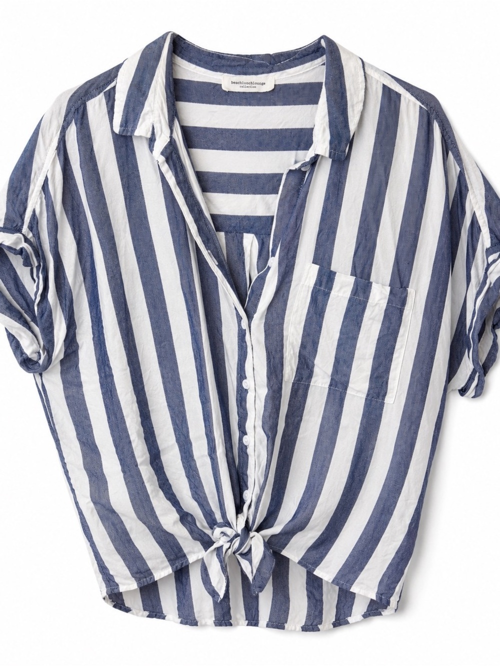 beachlunchlounge Blue White Stripe Tie Front Button Top Large